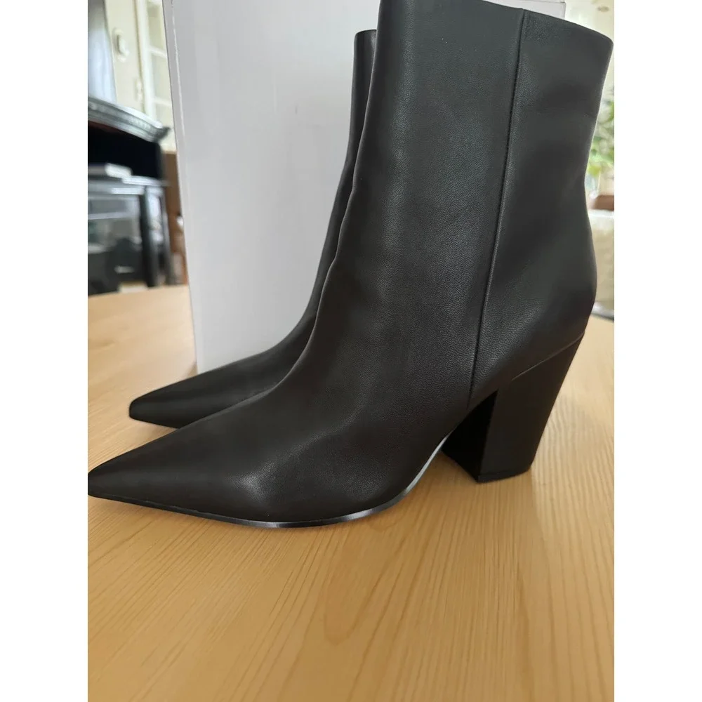 Nine West Women Black Leather Pointed Toe Block Heel Ankle Boots Size 12M